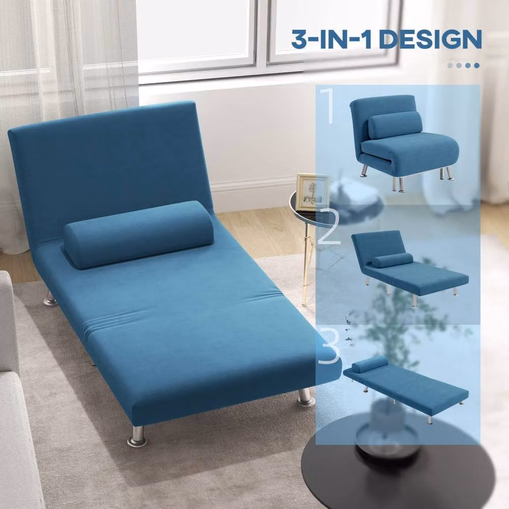 Wyld Haus Ziel Lika Blue Velvet Single Sleeper Chair with Silver Metal Legs – 5