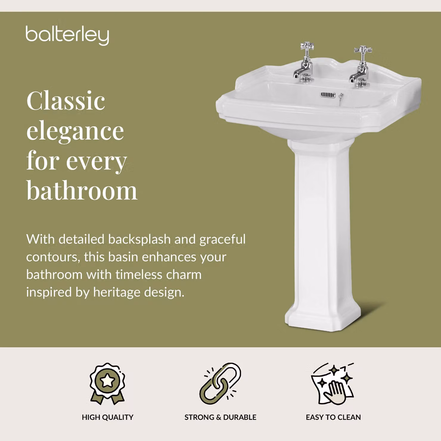 Balterley Traditional Rectangular 2 Tap Hole Ceramic Bathroom Basin with Full Pedestal, White, Width: 59 cm – 2