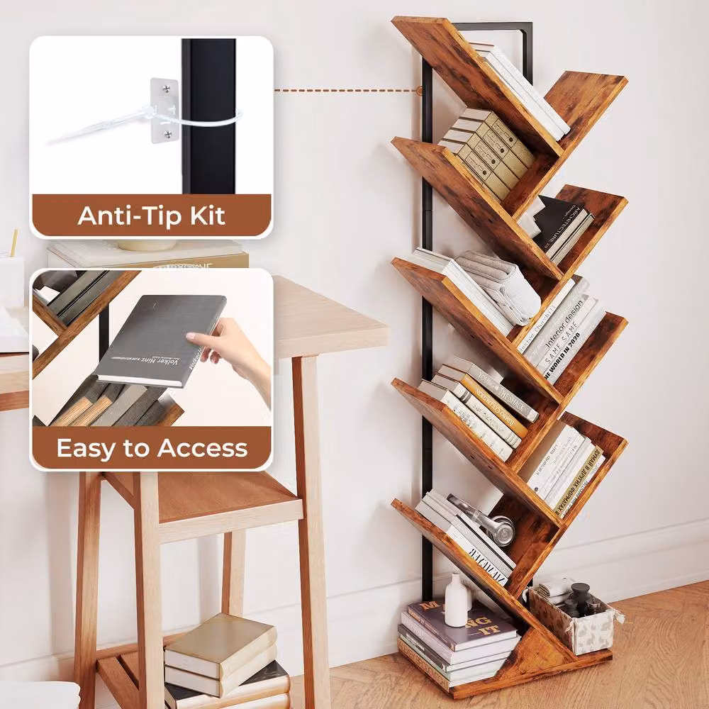 Levede 9-Tier Tree Bookshelf, Rustic Brown and Black Floor Standing Bookcase for Living Room, Bedroom or Home Office, H 116 x W 34 x D 20 cm – 3