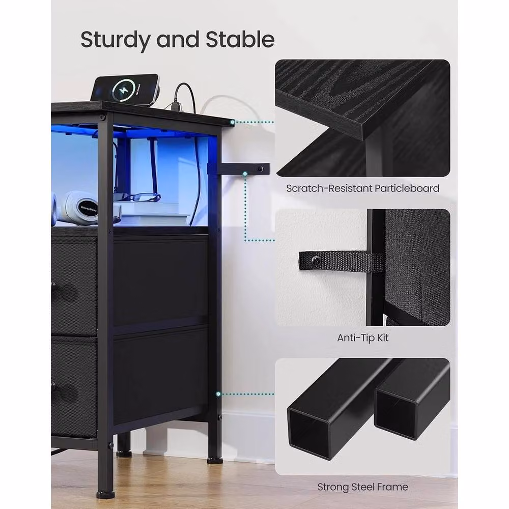 FORGEVIO Modern Black Matt Bedside Table with Integrated LED Lighting and Charging Station – 3