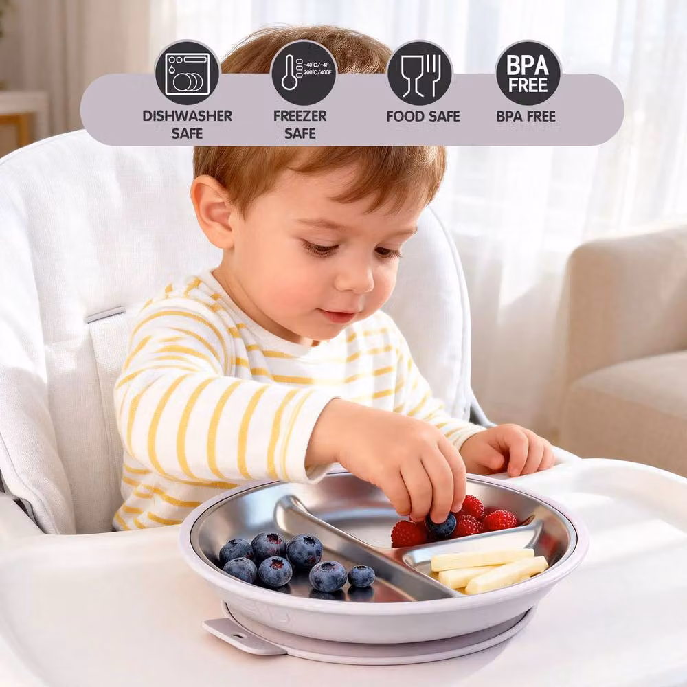 Greentainer 3-Piece Pink Stainless Steel and Silicone Divided Plate Set with Suction Base for Children – 2