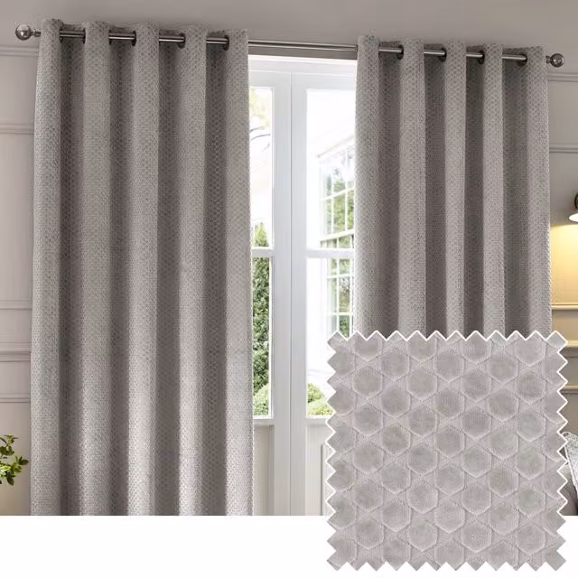 Paoletti Neptune Silver Velvet Blackout Eyelet Curtains, Width: 229 cm, Drop: 229 cm – 1