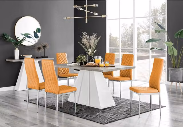 FurnitureboxUK Athens Grey Concrete Dining Table and 6 Milan Chrome Leg Chairs in Mustard