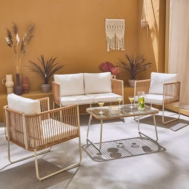 Sweekeek 4-Seater Garden Sofa Set in Light Brown with Galvanised Steel and Plastic Rope
