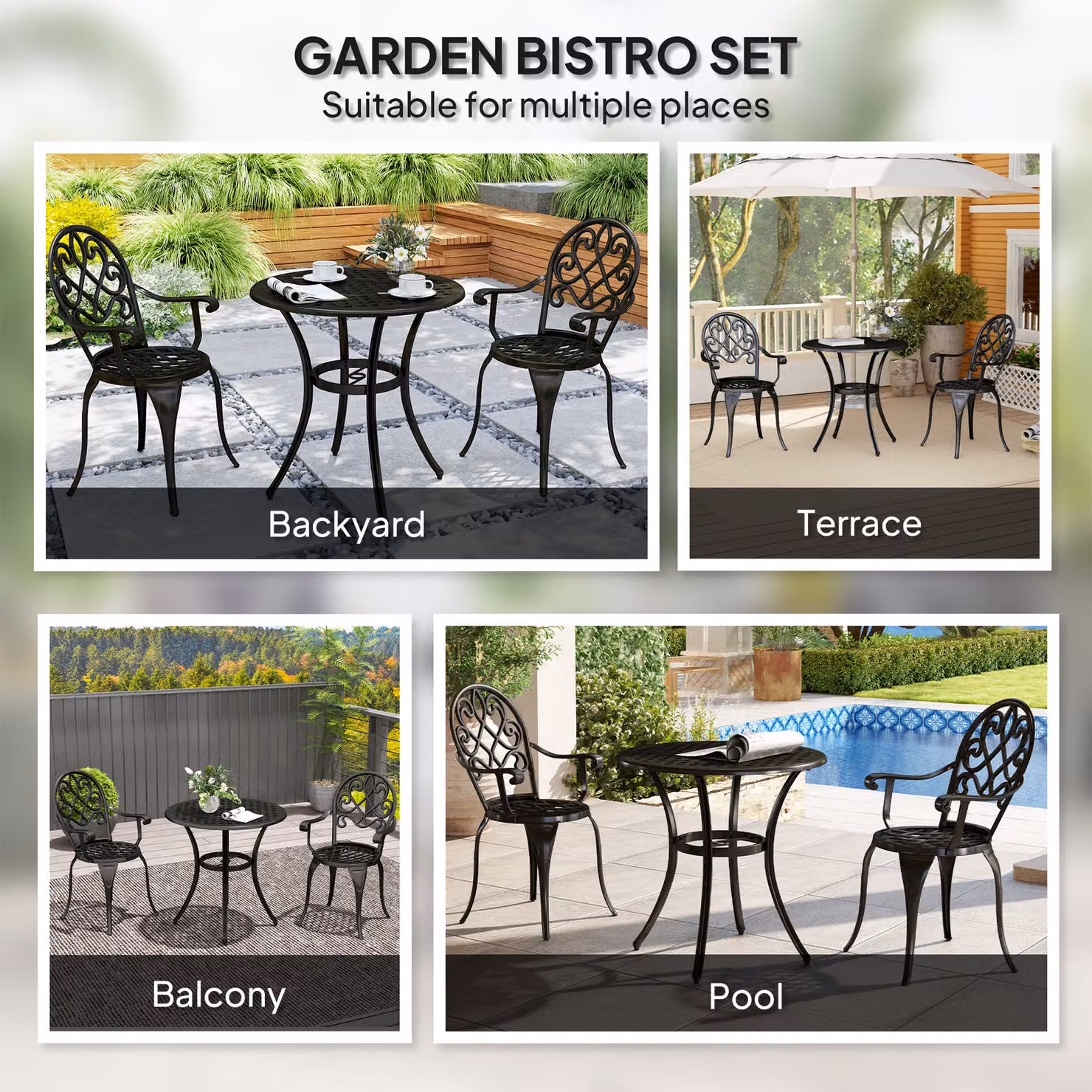 Outsunny 3 Piece Black Powder Coated Aluminium Patio Bistro Set with Round Table and Chairs for Garden, Balcony or Terrace – 6