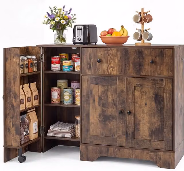 COSTWAY Rustic Brown Buffet Cabinet with Storage and Castors