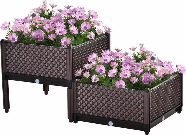 Outsunny Set of 2 Brown Plastic Self-Watering Raised Garden Bed Planter Boxes W/D/H: 50 x 50 x 46.5 cm – 1