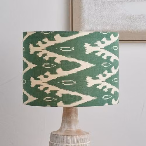 Ruma Green Ikat Patterned Fabric Cylinder Lampshade, Diameter: 35.56 cm