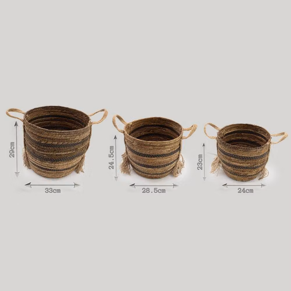 Serenityy Set of 3 Round Woven Seagrass and Rattan Baskets with Handles in Brown Striped Design – 3