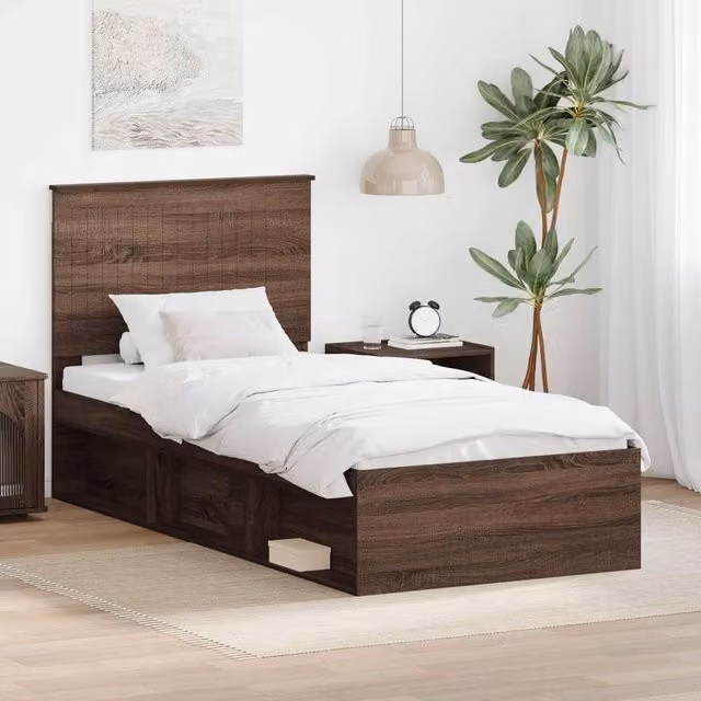 Berkfield Home Bed Frame with Headboard in Brown Oak, Solid Pine Wood, W/D/H: 90 x 200 cm – 1