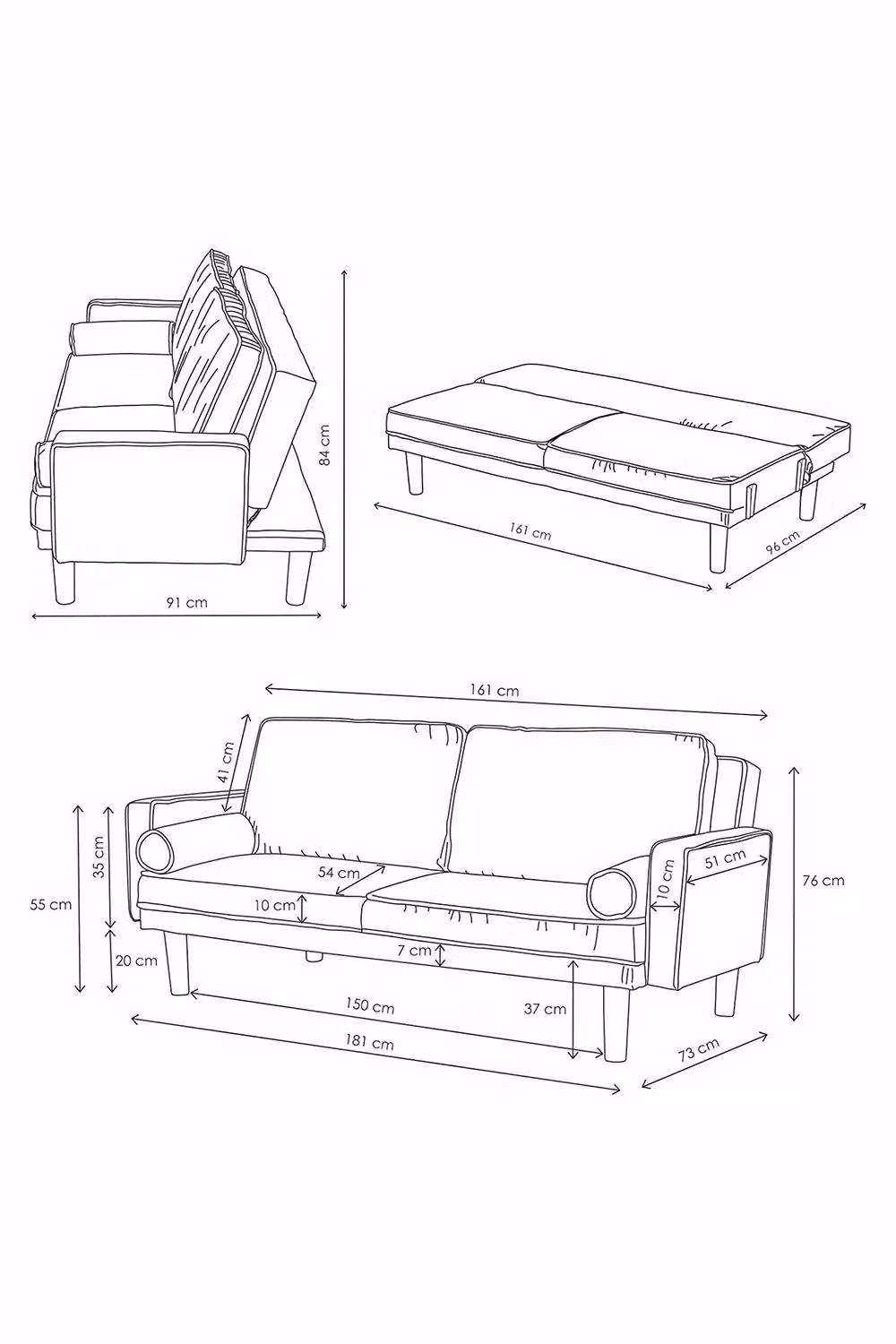 Homescapes Stanley Velvet Click Clack Sofa Bed with Armrests in Grey, W/D/H: 181 x 76 x 79 cm – 2