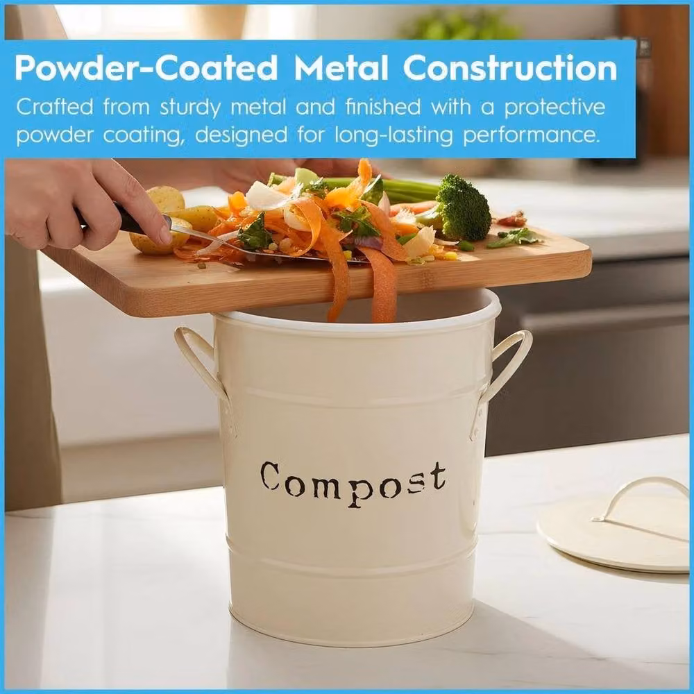 FORGEVIO Beige Metal Kitchen Compost Bin with Removable Inner Bucket and Flip Lid – 3