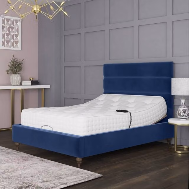 Penelope Electric Adjustable Bed Frame in Blue Velvet, W/D: 120 x 200 cm