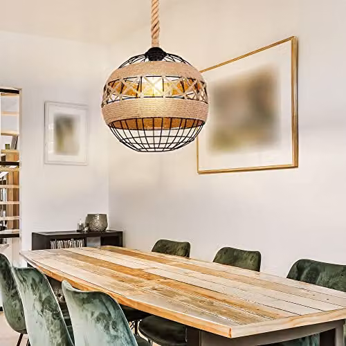 Netlighting Ulleu Industrial Sphere Pendant Ceiling Light in Black or Brown with Hemp Rope and Metal Construction, E27, Diameter: 30 cm – 5