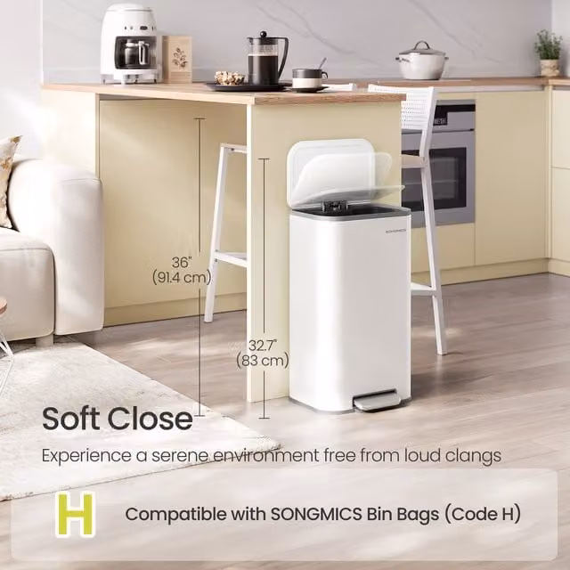 SONGMICS 30 L Steel Kitchen Pedal Bin with Soft-Close Lid and Removable Inner Bucket, White