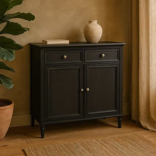 Wyld Haus Thalassa Black Solid Wood Cabinet with 2 Drawers and 2 Doors, W/D/H: 80 x 35 x 80 cm