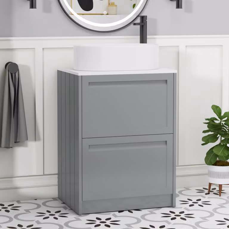 Royal Bathrooms Elmore 600mm Floor Standing Vanity Unit in Matt Pebble Grey with 2 Drawers, Plain White Worktop and Peak Basin