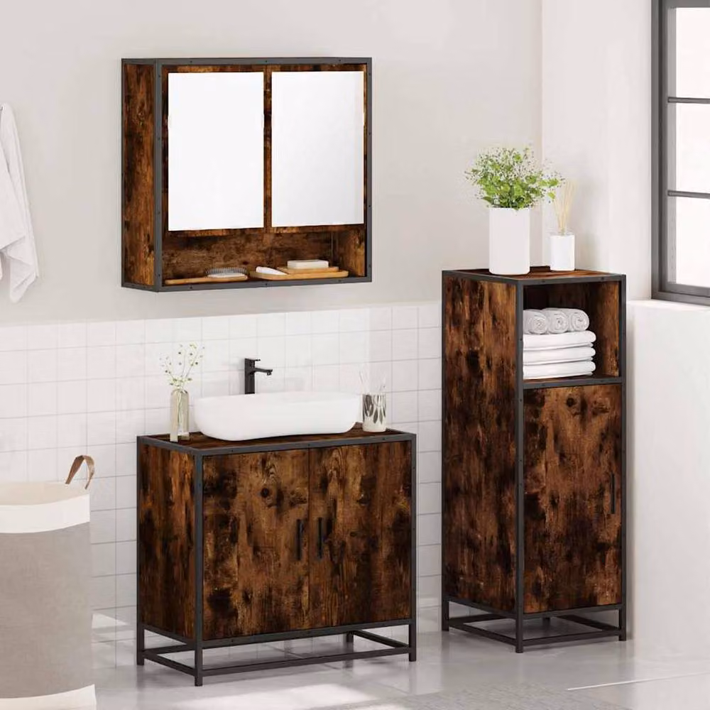 Berkfield Home 3 Piece Industrial Bathroom Furniture Set in Smoked Oak Brown – 4