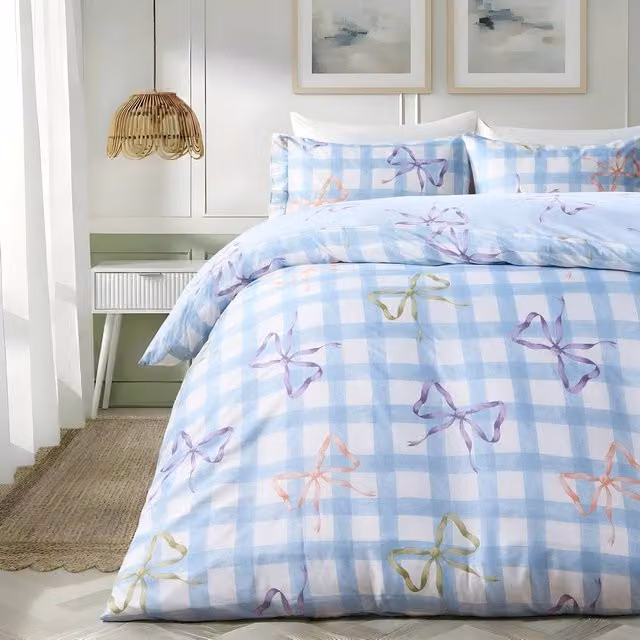 OHS Bow Gingham Microfibre Bedding Set with Duvet Cover and Pillowcase in Baby Blue, Single Size (Duvet Cover: 140 x 200 cm, Pillowcase: 90 x 200 cm)