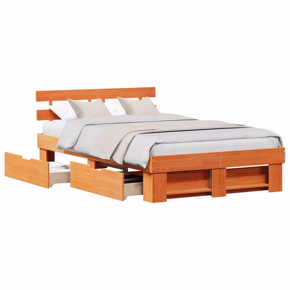 Berkfield Home Solid Wood Bed with Storage Headboard and Drawer in Wax Brown, W/D/H: 120 x 190 cm – 3