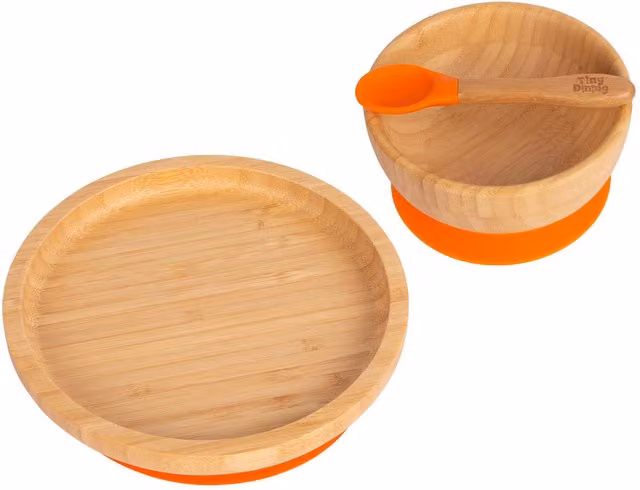 Tiny Dining Childrens Bamboo and Silicone Suction Round Dinner Set in Orange