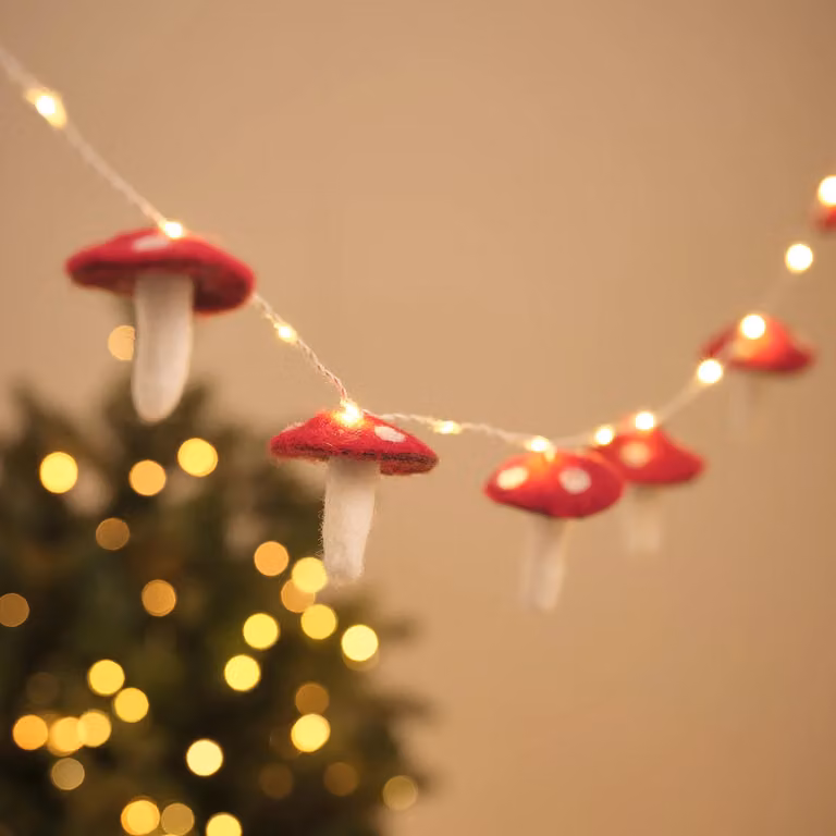 Red and White Toadstool LED Felt Garland with Warm White Lights and Timer, Length: 140 cm