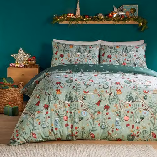 Riva Home Reversible Green Snowflake Pattern Christmas Duvet Cover Set, W/H: 200 x 200 cm