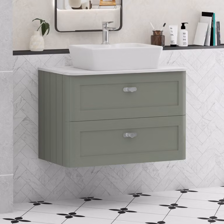 Royal Bathrooms Henley 800mm Sage Green Wall Hung 2 Drawer Vanity Unit with Carrara White Worktop and Chrome Knob