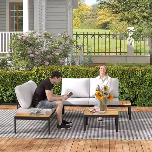 Outsunny 4 Piece L Shaped Garden Furniture Set with Upholstered Cushions and Coffee Table, Grey – 8