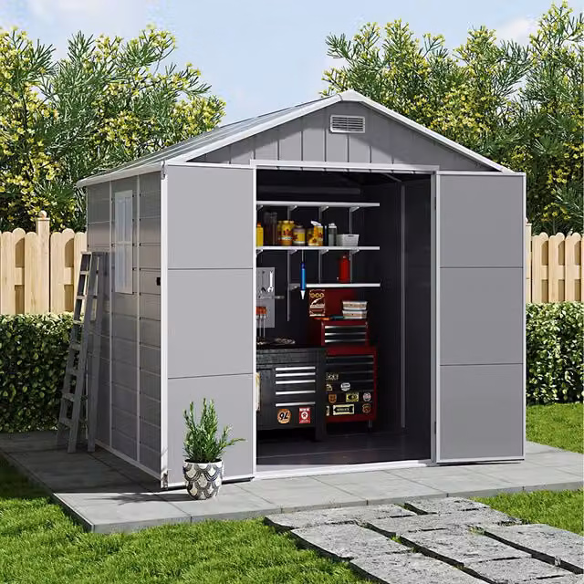 Livingandhome Modern Gable Roof Garden Shed with Window in Grey and Black
