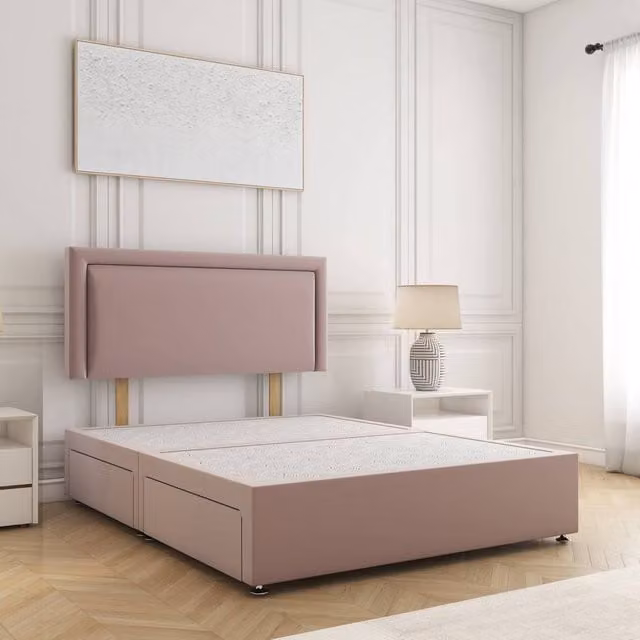 BSSPOKE Ella Super King Plush Velvet Divan Bed with 24 inch Headboard and 4 Drawers in Pink, W/D/H: 200 x 200 x 77.45 cm