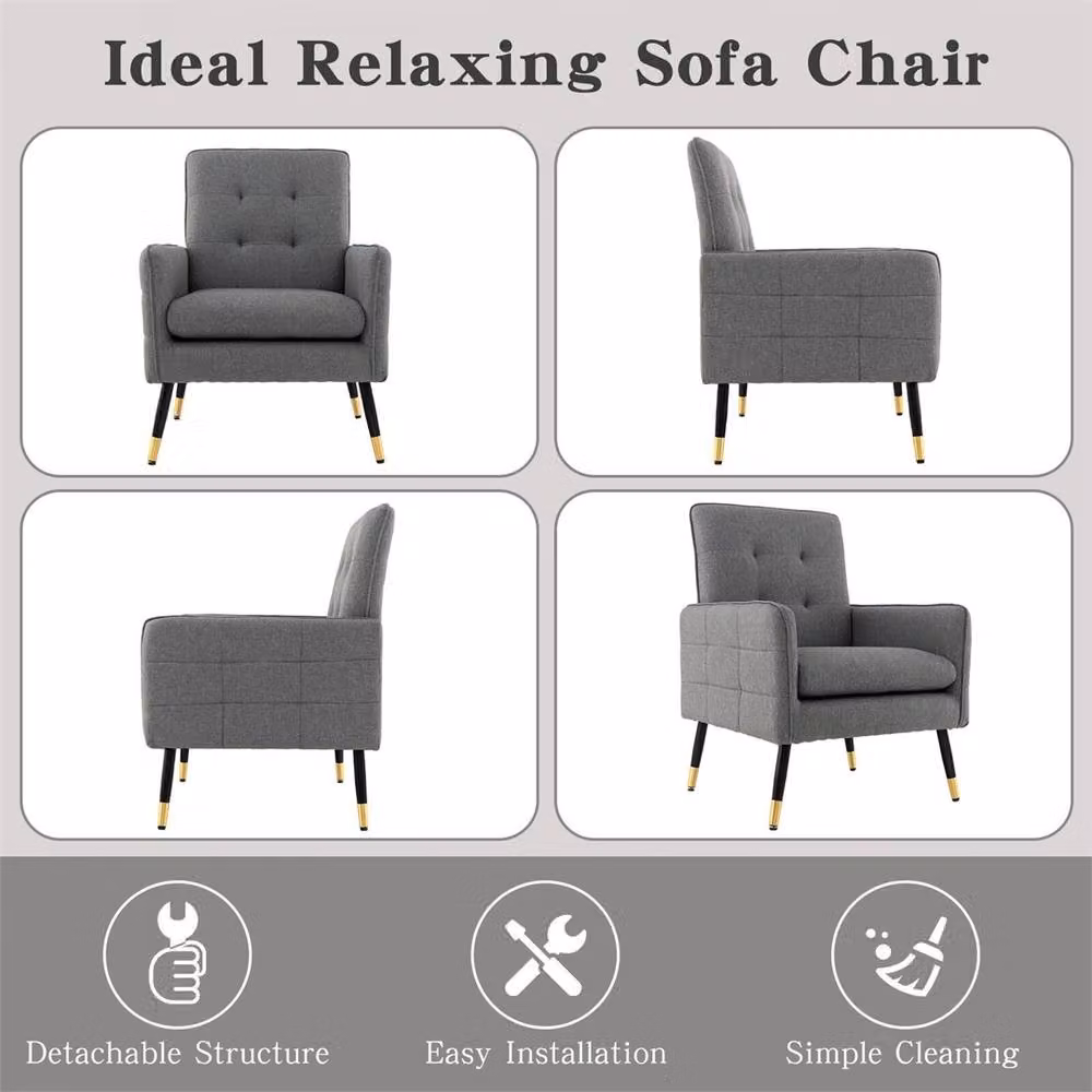 NESTLUNE Grey Linen Fabric Upholstered Accent Armchair with Metal Frame – 6