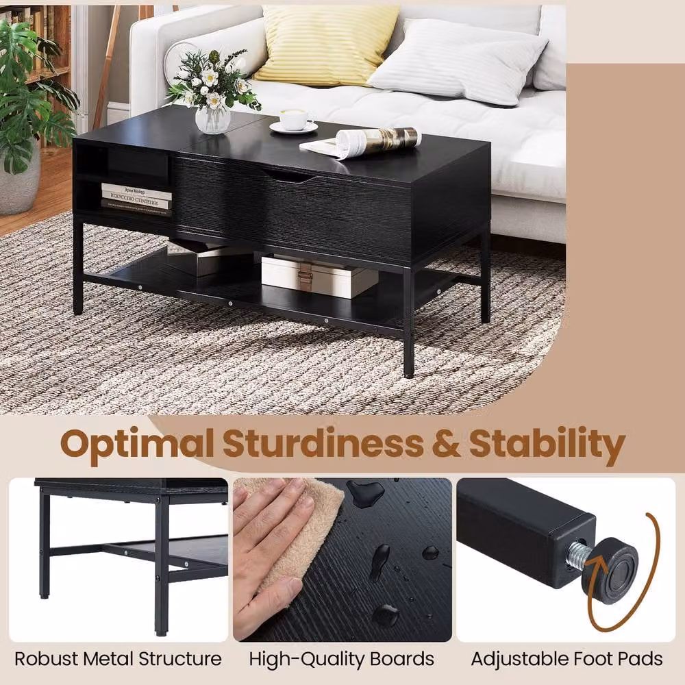 Costway Modern Rectangular Lift Top Coffee Table with Storage Shelf in Black – 2