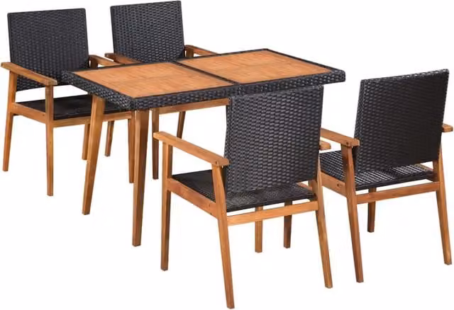 Berkfield Home 5 Piece Outdoor Dining Set with Rectangular Acacia Wood Table and Rattan Chairs in Black and Brown