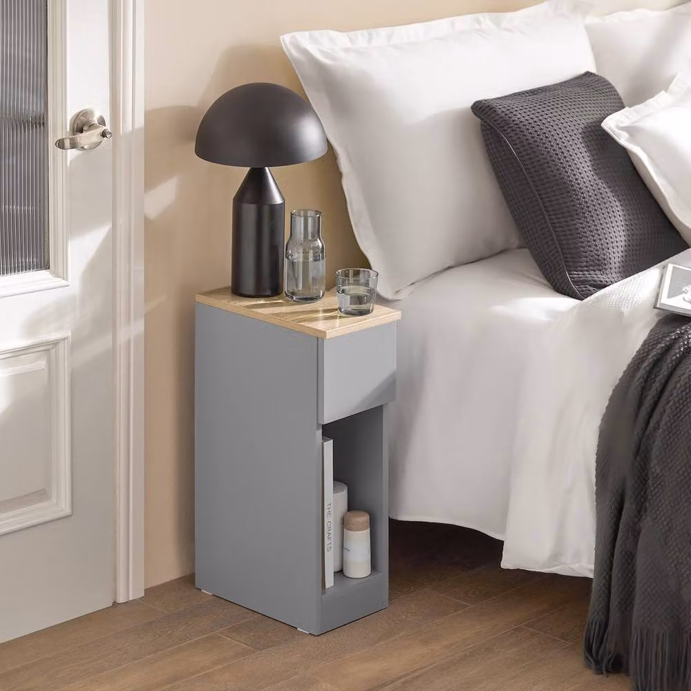 SOBUY Modern Grey Slim Bedside Table with Open Shelf and Drawer, W/D/H: 35 x 20 x 60 cm – 2