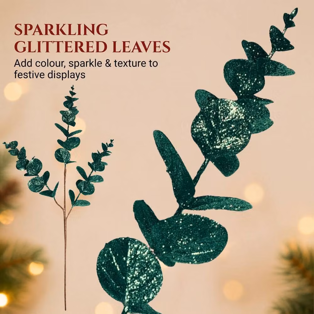 Shatchi 12 Pack Dark Green Glitter Artificial Eucalyptus Christmas Tree Picks, 55 cm – 5