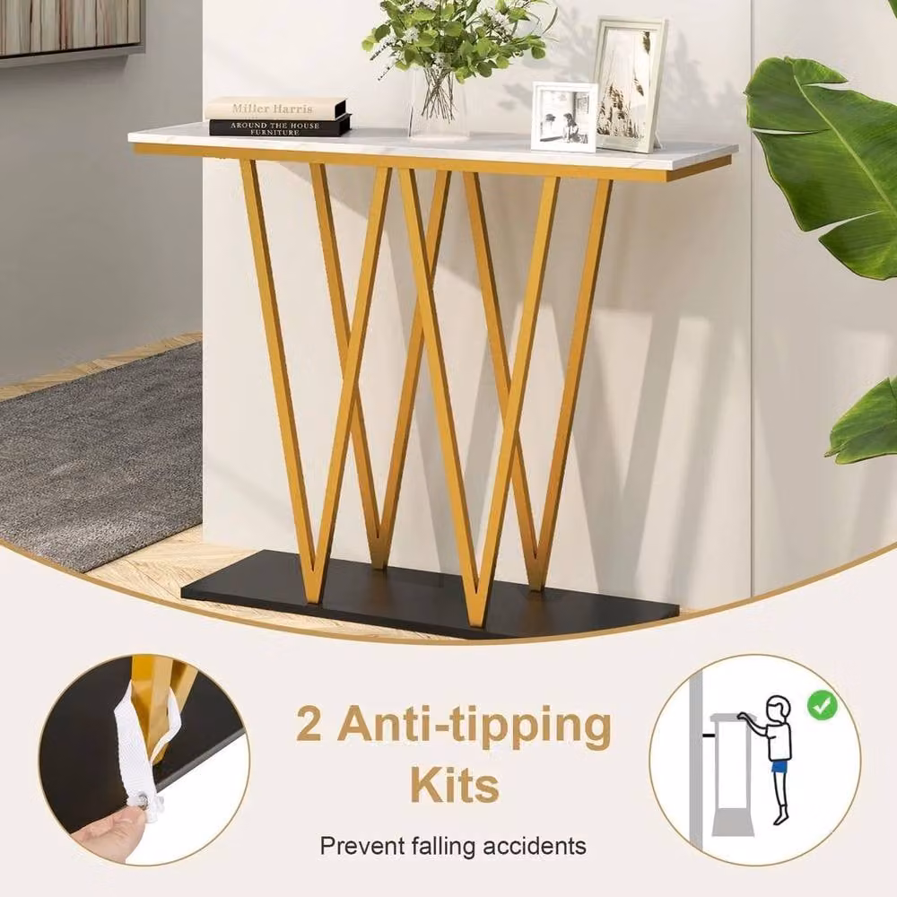 KORVIXA Modern Accent Console Table with Faux Marble Top and Gold Metal X-Frame, W/D/H: 100 x 100 x 100 cm – 2