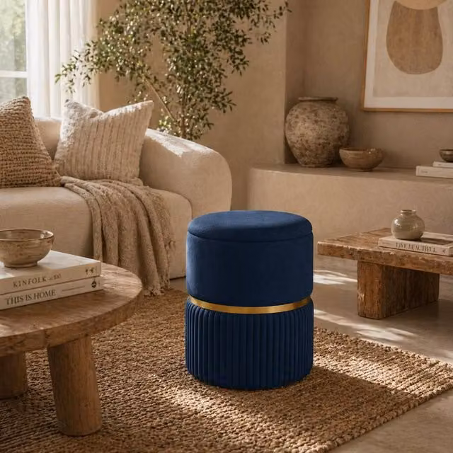 Wyld Haus Pazima Cylindrical Velvet Storage Ottoman in Dark Blue with Gold Accents