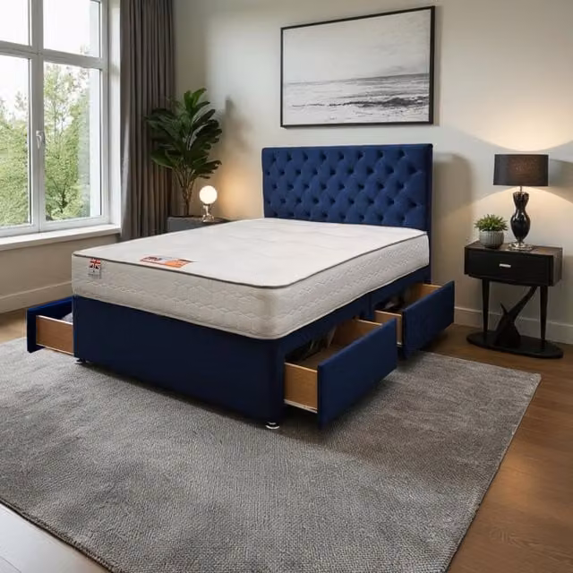 Knight Sleep Athens Plush Bed Set with Mattress and 24 inch Headboard in Blue, W/D/H: 140 x 200 cm