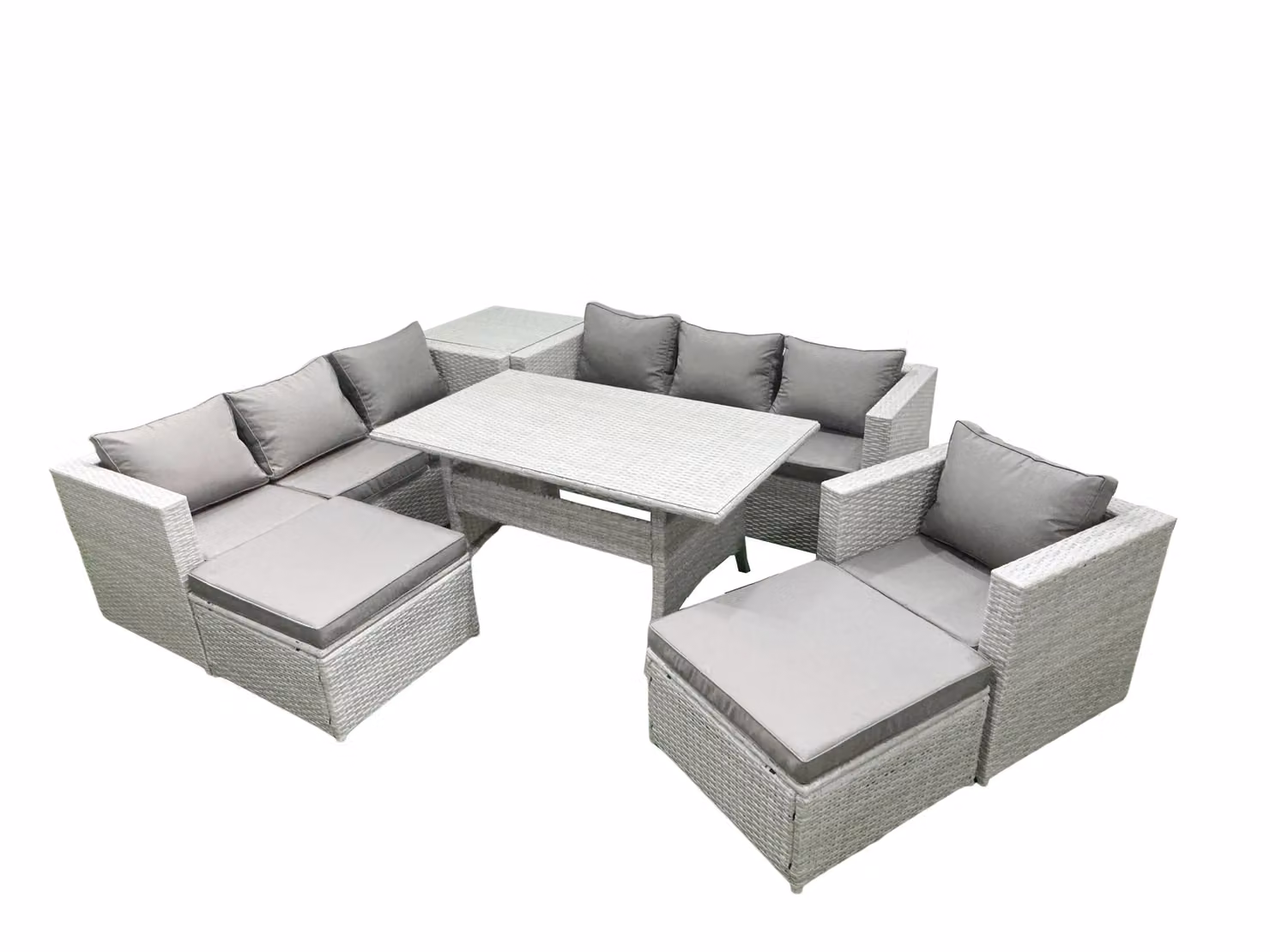 Fimous 8 Piece Outdoor Rattan Sofa Set with Cushions, Armchair, Dining Table, Side Table and 2 Footstools in Light Grey – 2