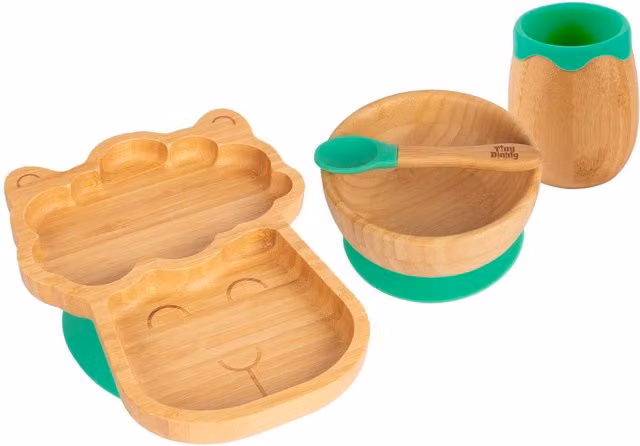Tiny Dining Llama Bamboo and Silicone Suction Baby Feeding Set, 4 Piece, Green