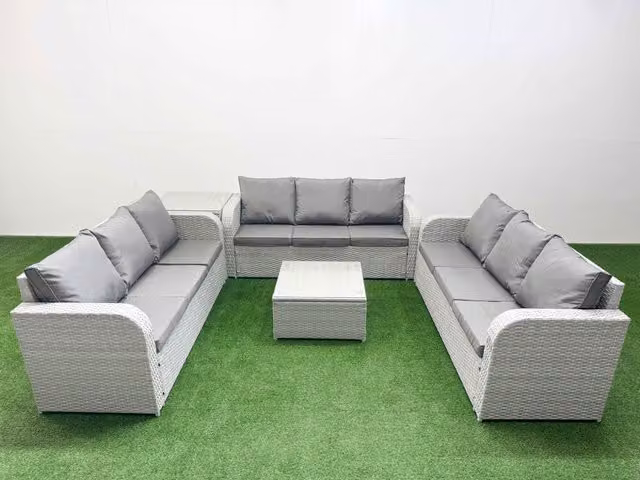 Fimous 9 Seater PE Rattan Garden Furniture Set in Light Grey with Square Coffee Table and Side Table
