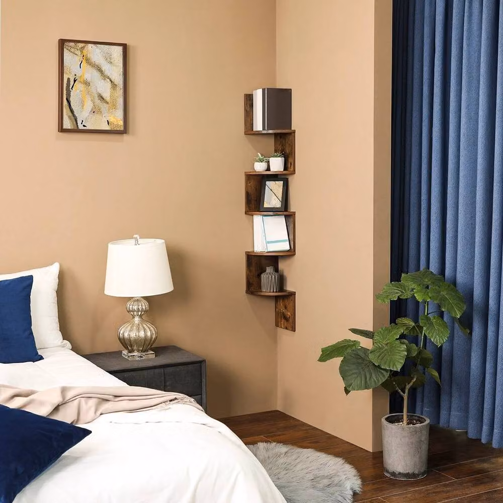 KORVIXA Brown 5-Tier Zigzag Corner Floating Wall Shelf – 4