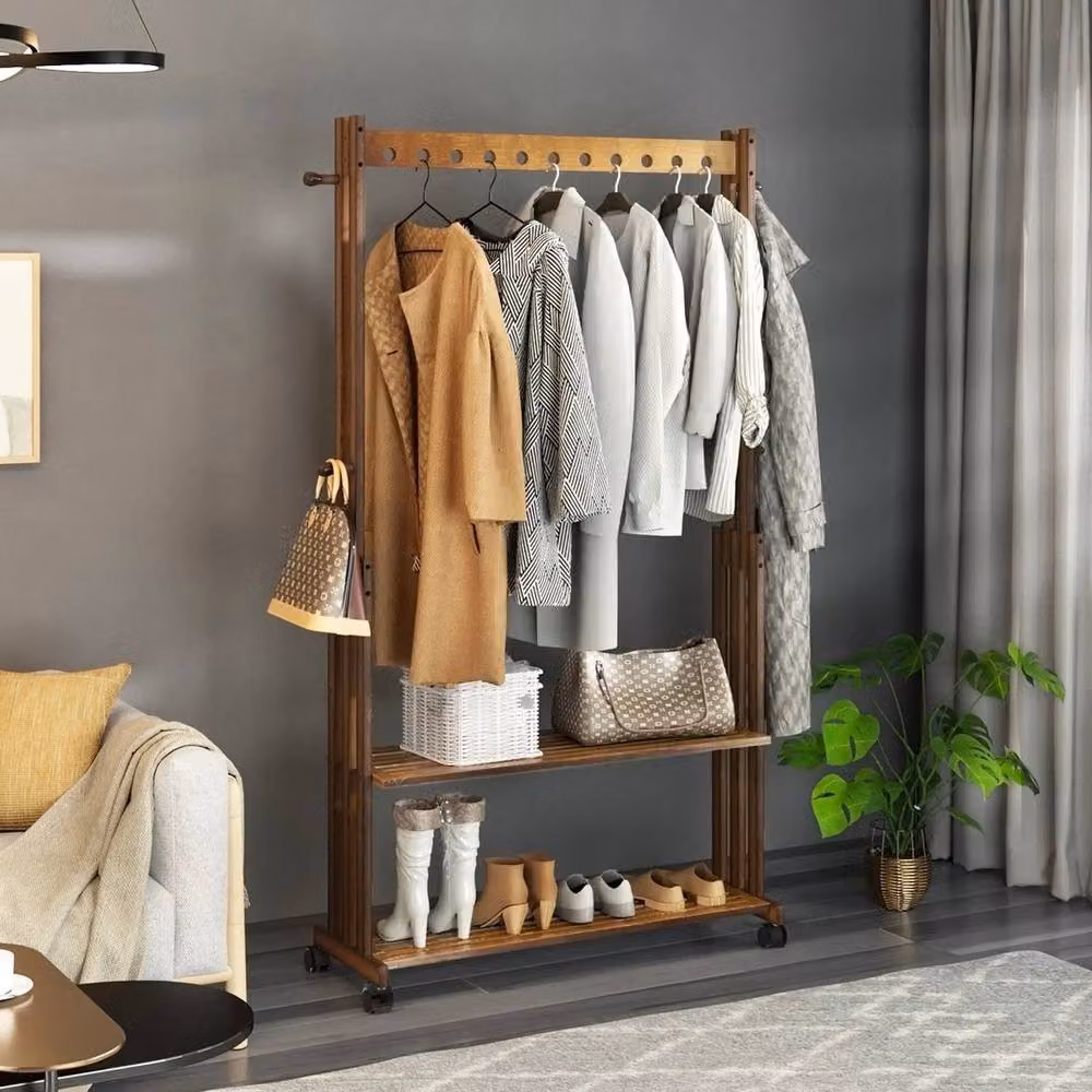 KORVIXA Bamboo Rolling Garment Stand Rail and Open Wardrobe in Brown, Width: 90 cm – 4