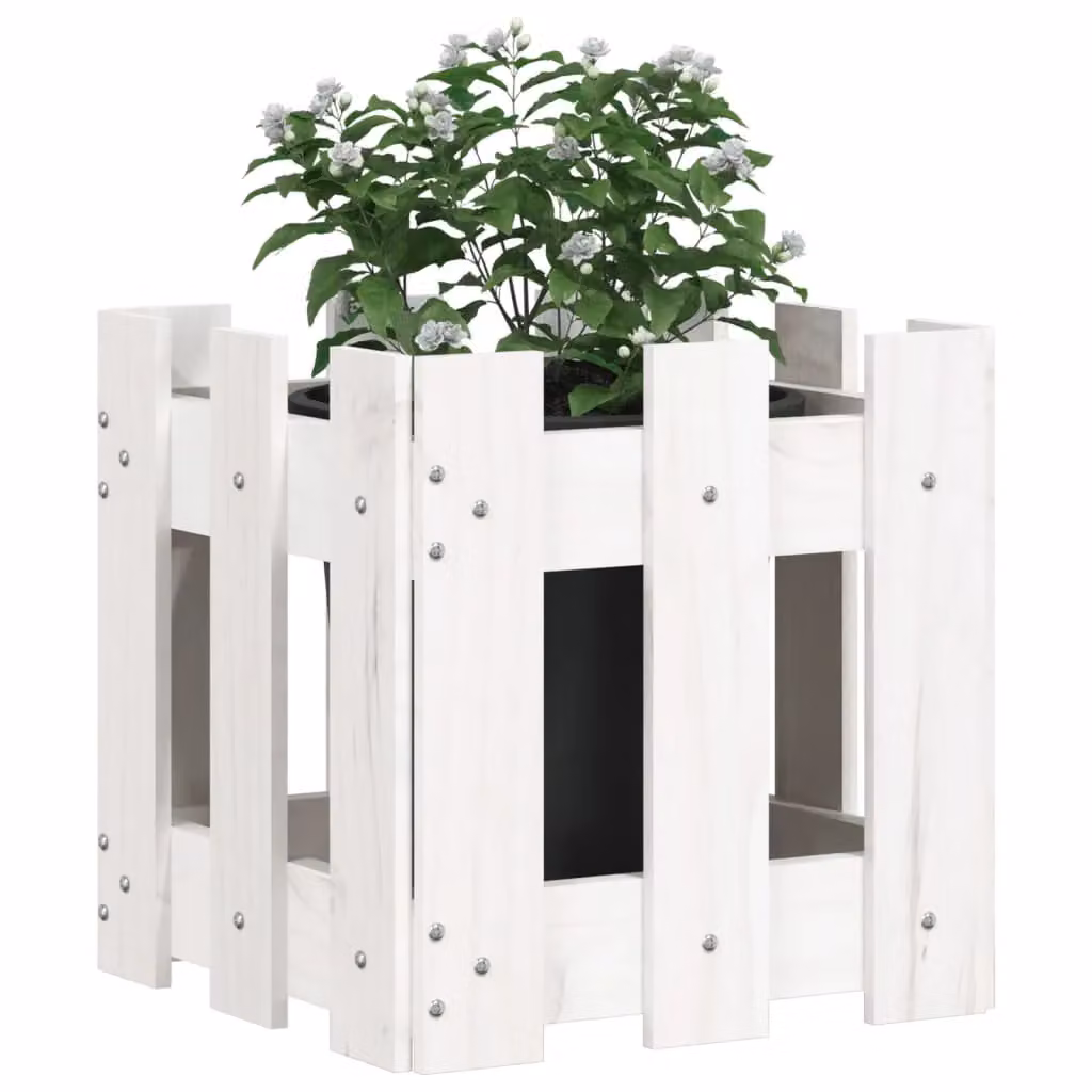 Berkfield Home Garden Planter with Fence Design in White, Solid Wood and Plastic, W/D/H: 30 x 30 x 30 cm – 2
