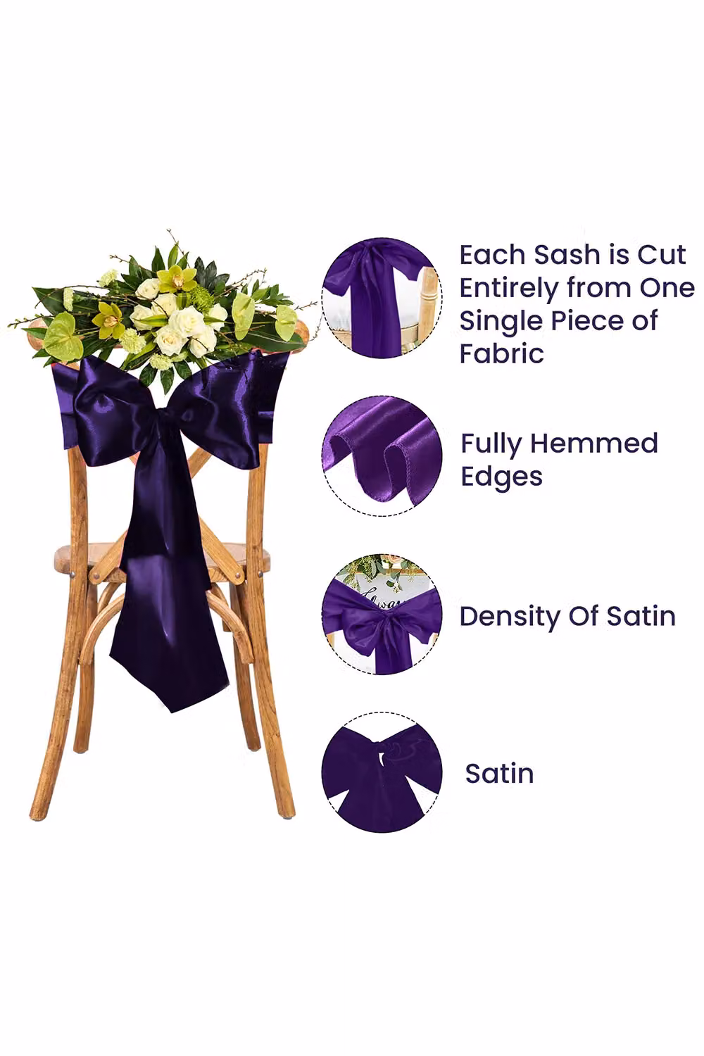 Neel Blue Set of 25 Satin Chair Sashes in Purple for Wedding and Party Decoration, W: 17.78 cm, L: 274.32 cm – 3