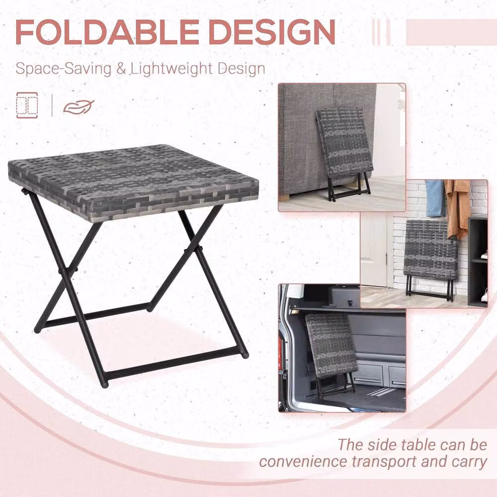 STILVORA Folding Square Table with Grey Rattan Top and Metal Frame, W/D/H: 40 x 40 x 40 cm – 4