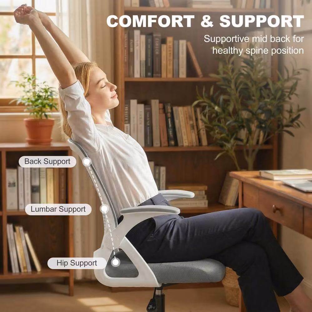 STILVORA Grey Fabric Drafting Chair with Flip-up Armrests and Foot Ring – 7