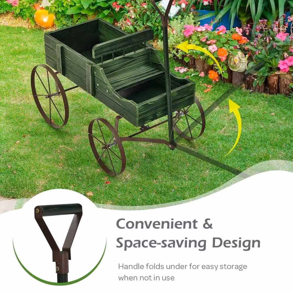 NESTLUNE Wooden Garden Flower Planter Wagon with Wheels in Green, W/D/H: 62.0 x 51.0 x 30.0 cm – 4