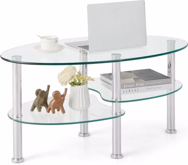 Costway Modern 3-Tier Oval Tempered Glass Coffee Table in Silver
